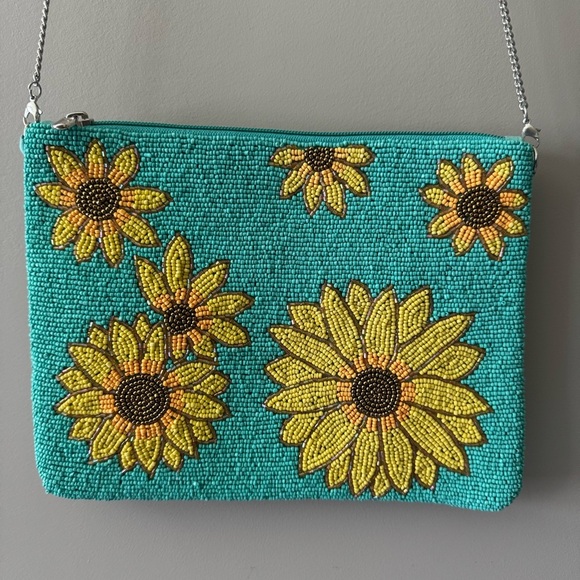 SUNFLOWER BEADED CROSSBODY BAG TURQUOISE & YELLOW EUC - Picture 1 of 8